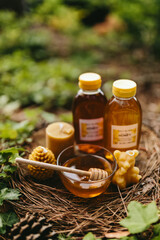 A glass jar and a plate with honey, handmade candles from natural beeswax on an old stump in the forest. Hobby. Picnic in forest. Artistic photo of beekeeping products against the backdrop of nature