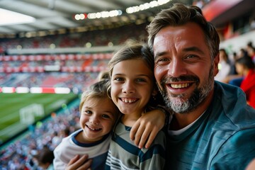 A smiling father with his two daughters at a stadium, experiencing a joyful family outing and...
