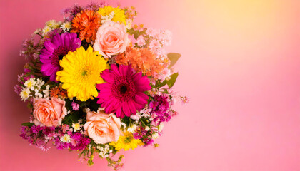 Obraz premium flowers bouquet top view on pinkish background