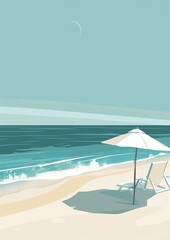 A minimalist illustration showcases a serene beach with a white umbrella and two chairs. The artwork captures a tranquil summer day by the sea with gentle waves.