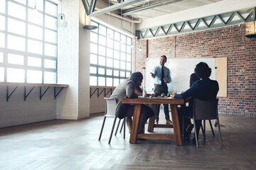 Whiteboard, businessman or speaker in presentation for questions, SWOT analysis or teaching strategy. People, workshop or leader asking in team training, coaching or learning opportunity in meeting