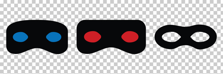 Mask superhero carnival villain or burgar vector icon set. Black masquerade costume eye mask silhouette hidden person face.
