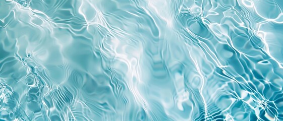 Fototapeta premium A close-up view of clear blue pool water with shimmering light reflections. The rippling surface captures the refreshing essence of summertime.