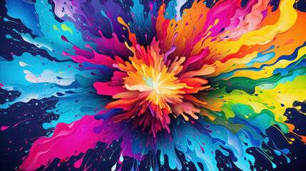 Colored background, colorful paint explosion on dark blue background, abstract illustration with multicolored acrylic paint splashes and splatters
