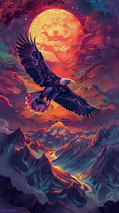 A colorful painting of a large eagle flying over a mountain range