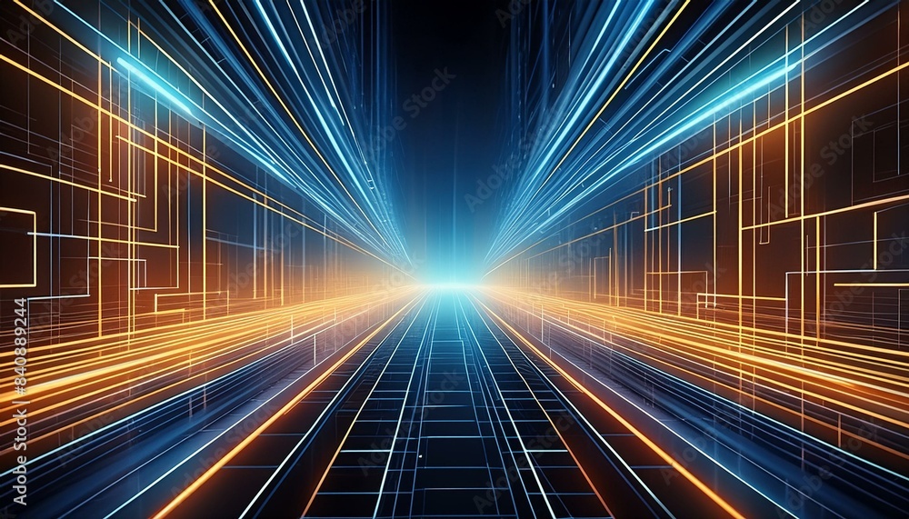 Poster a futuristic lines background with geometric depth, featuring converging lines that form a perspecti