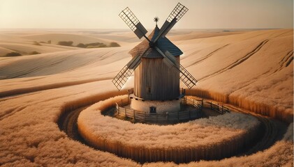 Obraz premium A Traditional Windmill, Surrounded by Golden Wheat Fields. Countryside Landscape. Generative AI