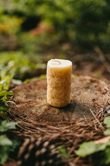 Handmade candles from natural beeswax in the shape of flowers, bears on an old stump in the forest. Hobby. Handmade present. Gift. Artistic photo of beekeeping products against the backdrop of nature