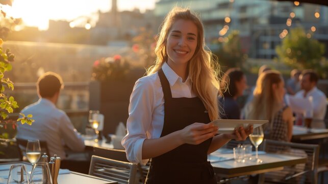 A happy waitress taking orders with a digital device at an outdoor rooftop terrace during sunset, with a group of guests in the background creating a lively and welcoming atmosphere