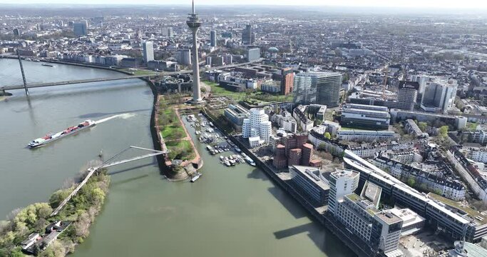 Urban city view on Dusseldorf, German state of North Rhine-Westphalia located on the Rhine , just south of the Ruhr area .