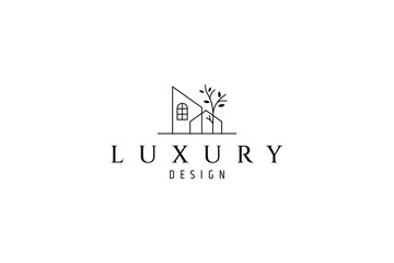 home logo with tree plants in line art design style