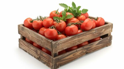 Tomatoes in wooden box with green leaves. Vegetable still-life Isolated on white background.