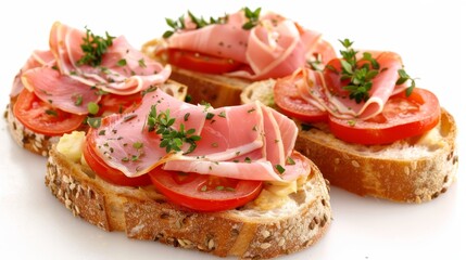 Turkey ham bruschetta on avocado slices on a clean white background for a delightful presentation