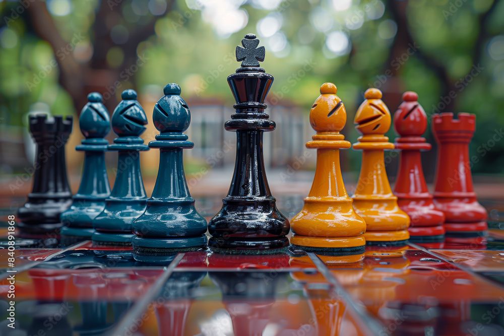 Poster monochrome chessboard set up on a table with colorful pieces. concept of strategy and intellectual c
