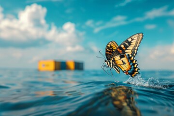 A delicate butterfly gracefully glides above a tranquil body of water, reflecting the vibrant colors of its wings.
