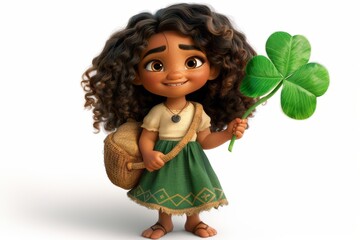 A cute cartoon girl with curly hair holding a four-leaf clover, smiling cheerfully and capturing the whimsical and joyful essence of good luck and positive vibes, Generativ AI