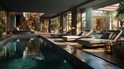 Luxurious spawith a tranquil pool and massage tables