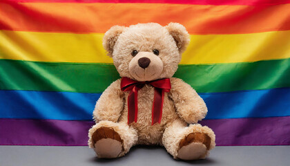 cute teddy bear sitting on lgbt flag background, queer gay lgbtqia pride visibility month, summer june
