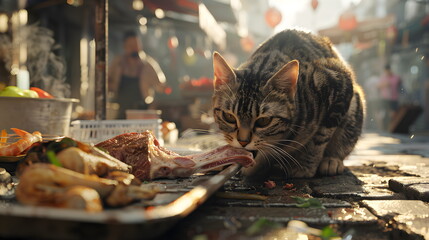 A striped gray-red stray cat at a street market eats meat food, in daylight. Banner or advertisement for a pet store, grocery store or veterinary clinic. Concept of helping homeless animals