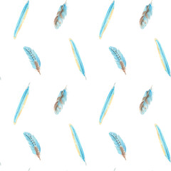 Blue Feathers Watercolor seamless pattern on white background. Hand drawn illustration. Can be used for fabric, textile and packaging prints.