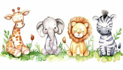 Watercolor cartoon of baby jungle animals in greenery. Concept of cute wildlife by AI generated image