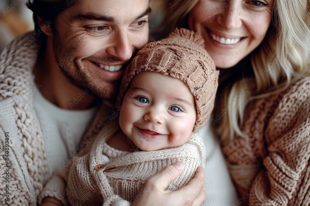 Wall mural Happy parents with smiling baby in cozy sweaters