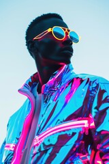 Black man wearing futuristic bright neon outfit and eyeglasses outdoors
