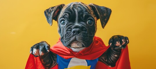 Superhero puppy adorable canine in mask and cape soaring, symbolizing super dog concept