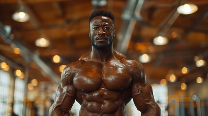 A formidable bodybuilder dominates the gym, showcasing strength and power amidst the clang of weights and the echo of determination