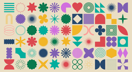 Vector set of brutalist geometric shapes. Trendy abstract minimalist figures, stars, flowers, circles. Modern abstract graphic design elements. Vector illustration