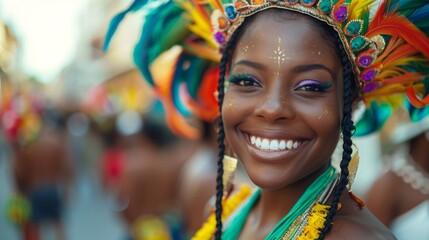 A charming carnival goer with artistic face makeup and a dazzle of feathers in her vibrant headdress