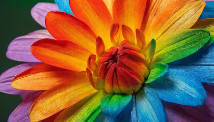 Fototapeta premium macro close photo of a flower with petals painted in the colors of the lgbt flag and rainbow, wallpaper background texture for presentation, queer gay lgbtqia pride month of visibility, summer june