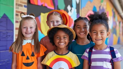 Multiracial kindergarten children smiling amidst grim reaper s reach on dark smoky background