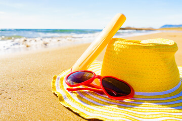 Sun protection gear on sand beach