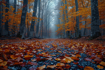 An autumn forest with leaves in shades of red, orange, and yellow. Concept of change and seasons. Generative Ai.