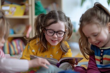 Fototapeta premium A Moment of Shared Imagination: Young Girls Immersed in a Storybook