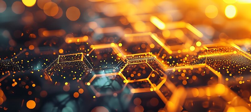 A gold banner, set off by crystalline hexagonal patterns in the background