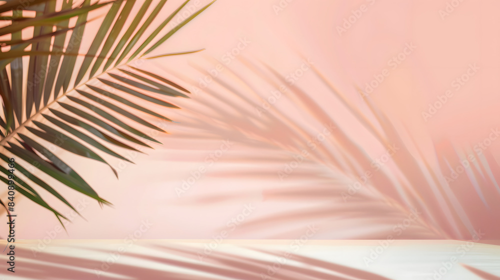 Poster blurred shadow from palm leaves on the light pink wall. minimal abstract background for product pres