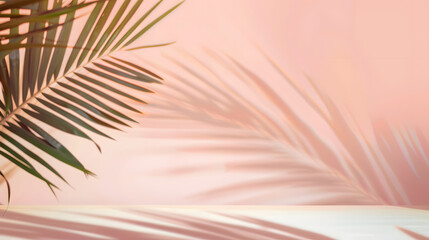 Obraz premium Blurred shadow from palm leaves on the light pink wall. Minimal abstract background for product presentation. Spring and summer.