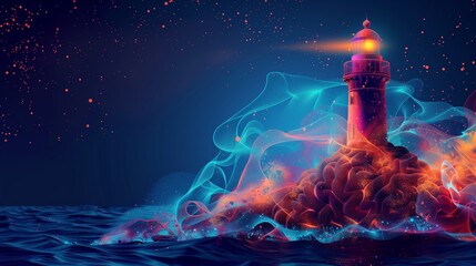 Abstract Vector Style Lighthouse with Vibrant Colors and Copy Space