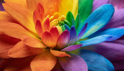 Fototapeta premium macro close photo of a flower with petals painted in the colors of the lgbt flag and rainbow, abstract wallpaper background texture for product presentation, queer gay lgbtqia pride visibility month