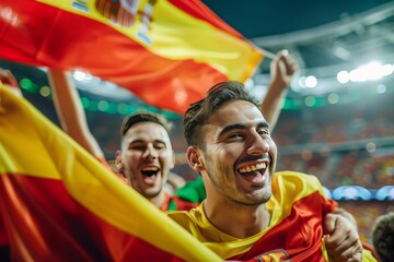 Naklejka premium Excited fans hold a Spanish flag aloft, sharing a moment of joy at a live sports event