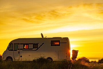 Caravan on nature in the morning at sunrise