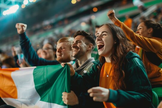 A group of sports enthusiasts cheerfully waving the national flag of Ireland at a crowded stadium event