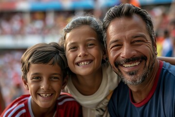 Smiling father takes a selfie with his children at a sporting event, capturing a moment of joy and family fun