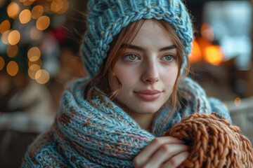 A woman knitting a scarf by the fireplace, enjoying the quiet evening. Concept of craftsmanship and patience. Generative Ai.