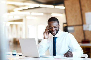 Happy, black man and writing with phone call for proposal, business discussion or finance at office. Young African, male person or accountant with smile on mobile smartphone in financial conversation