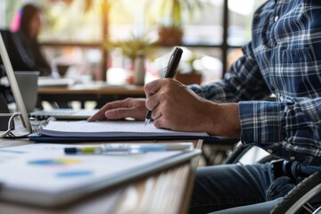 A Focused Mind in a Busy Cafe - A Man Writes in a Notebook, Pen in Hand