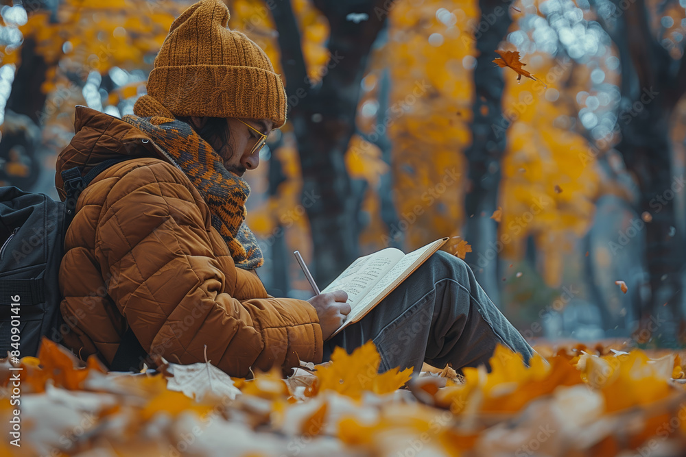 Poster a person sketching in a notebook while sitting in a park. concept of creativity and peacefulness. ge