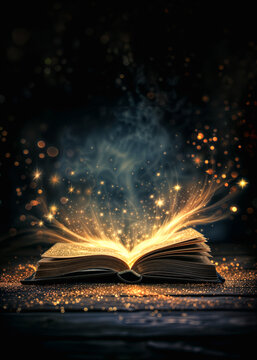 Magic open book on dark background with glitter lights